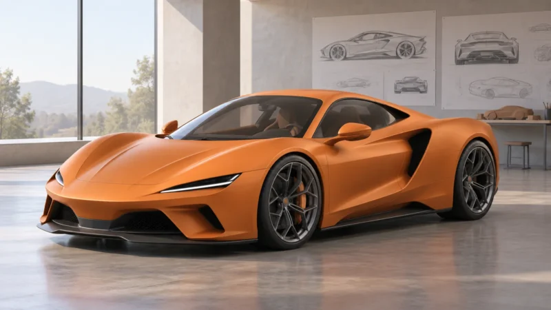 Conceptual illustration of an orange grand-touring concept car in a design studio, not the actual Genesis vehicle