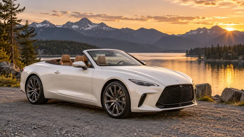 Conceptual illustration of a pearl-white luxury convertible beside a Canadian lake, not an exact Lexus vehicle