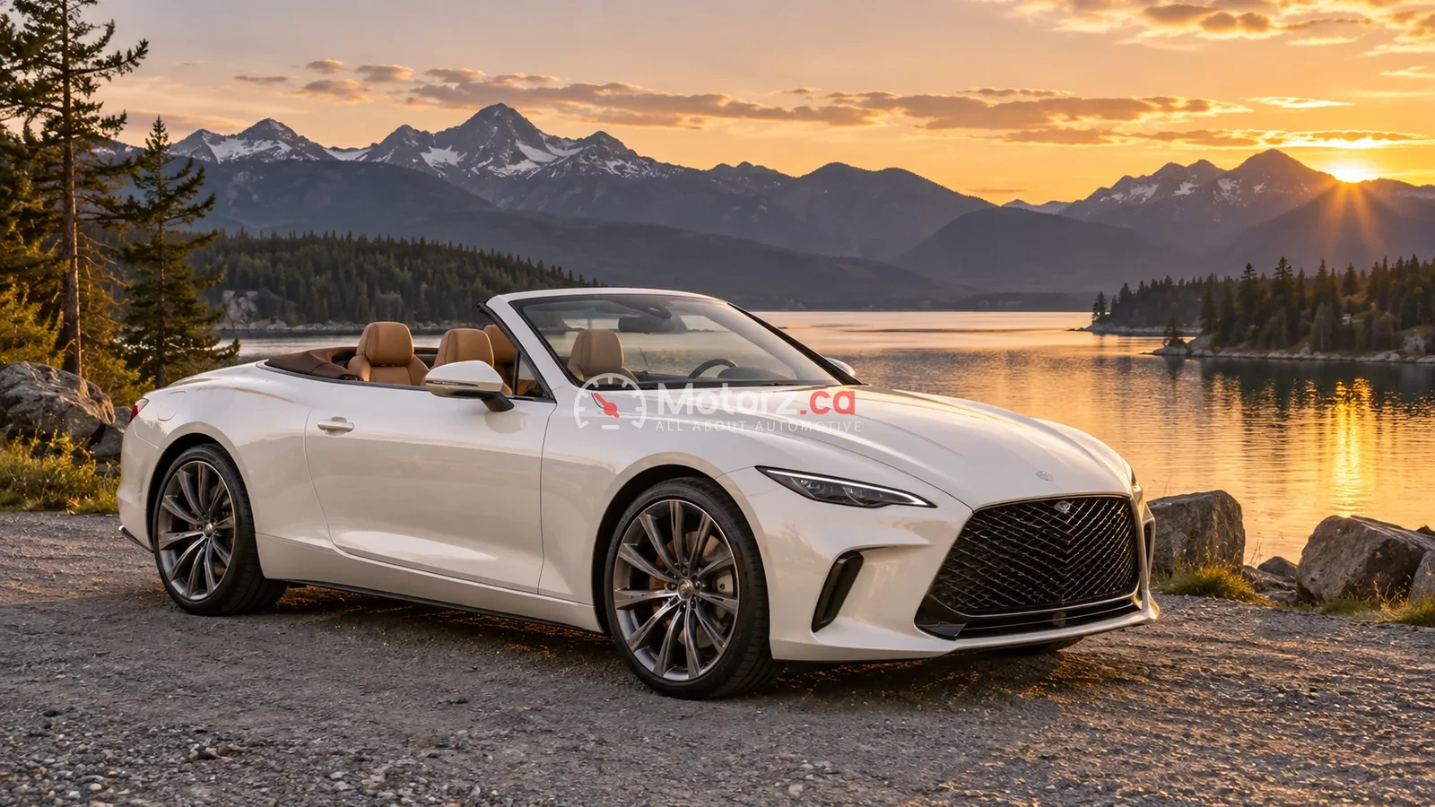 Conceptual illustration of a pearl-white luxury convertible beside a Canadian lake, not an exact Lexus vehicle