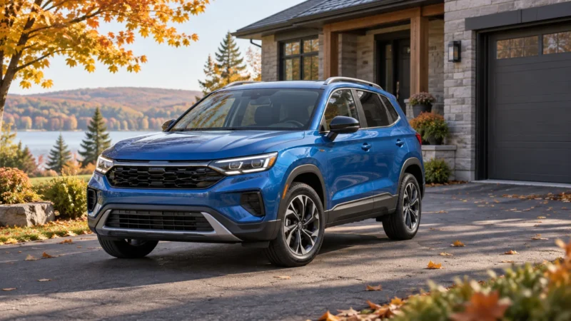 Conceptual illustration of a blue compact crossover outside a Canadian home, not an exact Volkswagen model