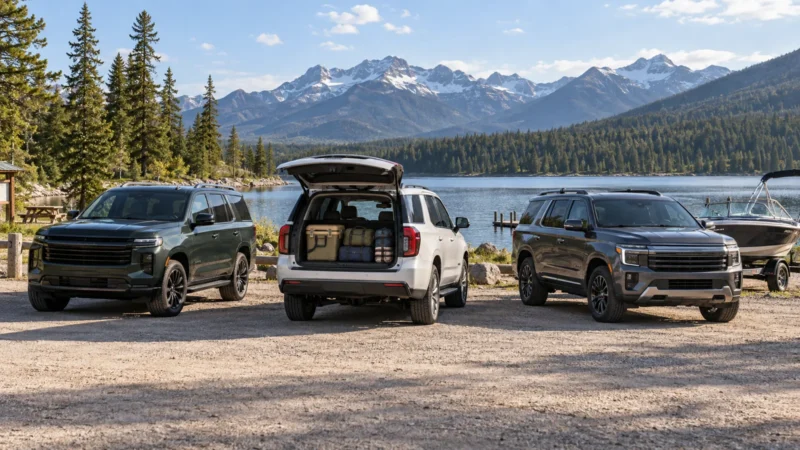 Best Large SUVs in Canada: 2026 Full-Size Comparison 12 Conceptual image of three unbranded large SUVs at a Canadian lakeside travel stop