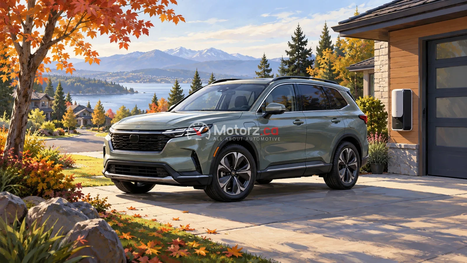 Conceptual illustration of a family SUV beside a home charger.