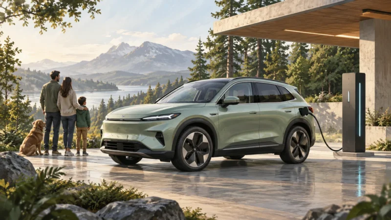 Conceptual illustration of a family electric SUV at a charging pavilion.