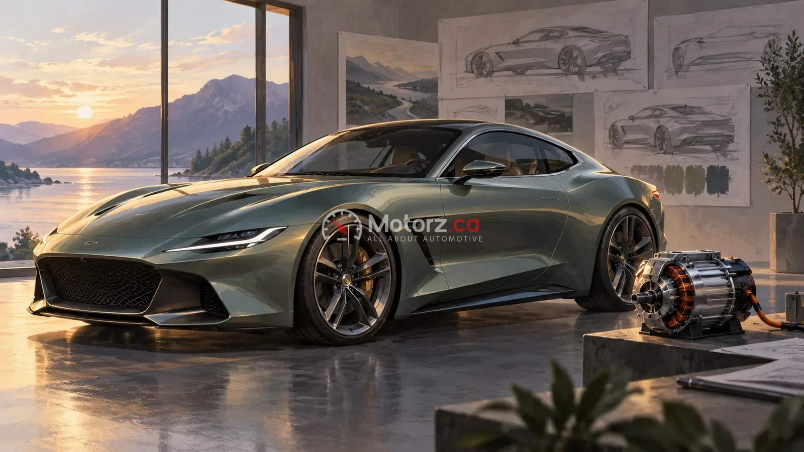 Toyota GR GT: Development Targets, Hybrid Powertrain and What Remains Unconfirmed 3 Conceptual illustration of a grand-touring coupe and electric motor.