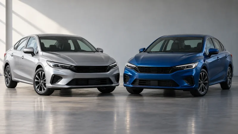 Conceptual compact sedans in a studio, not exact Honda Civic trim representations