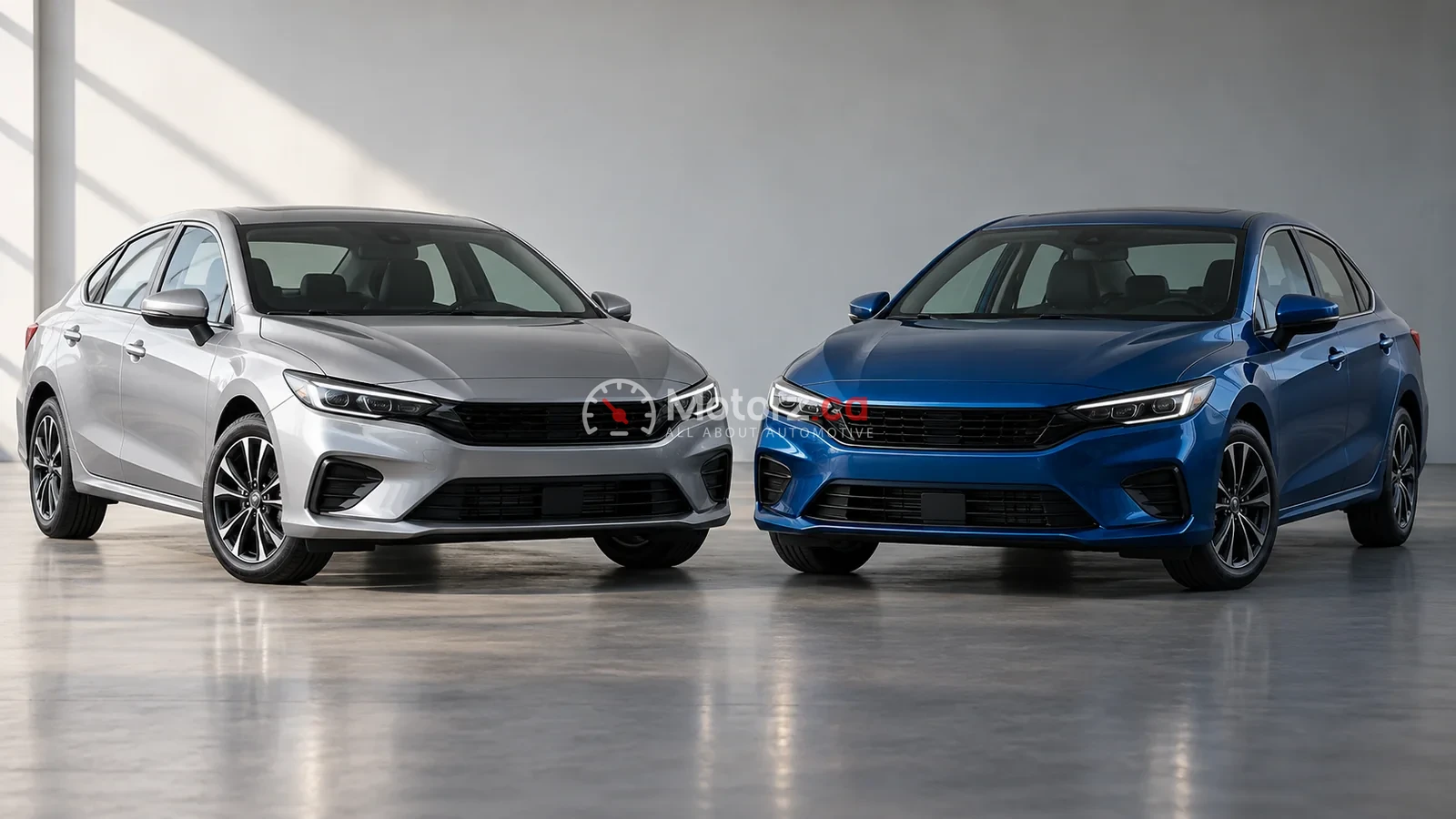 Conceptual compact sedans in a studio, not exact Honda Civic trim representations