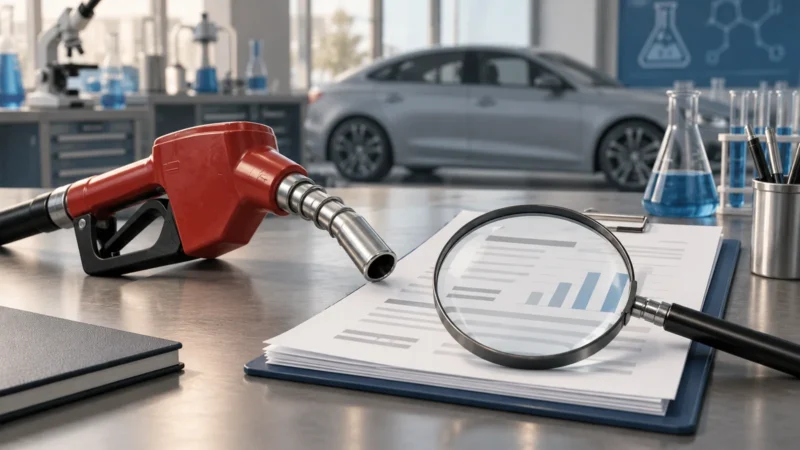 Conceptual illustration of a fuel nozzle and magnifying glass beside a generic car.