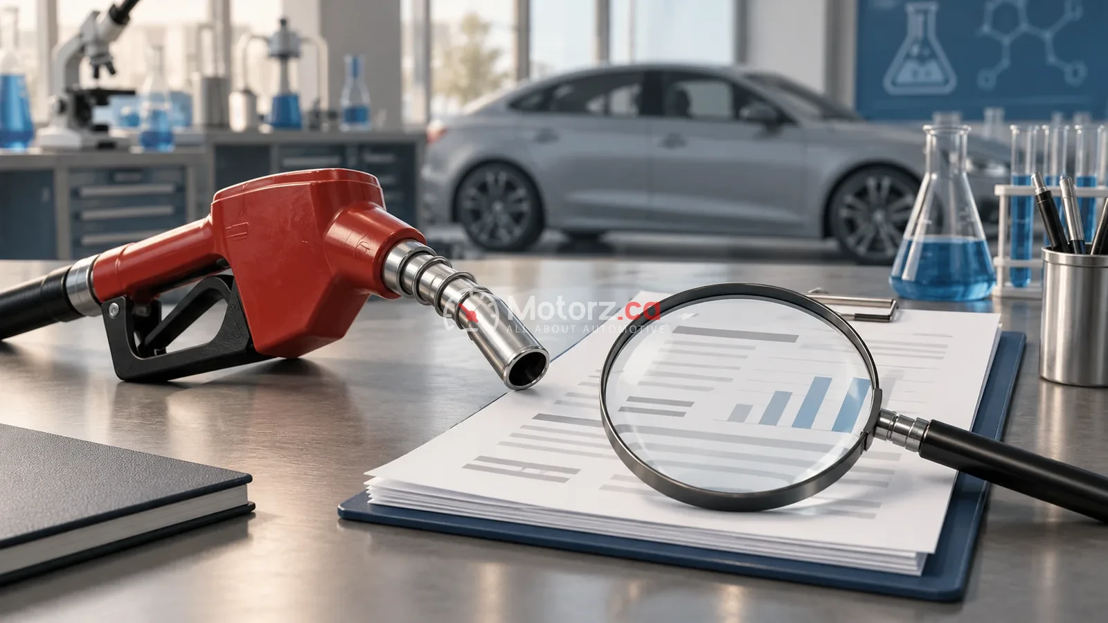 Conceptual illustration of a fuel nozzle and magnifying glass beside a generic car.