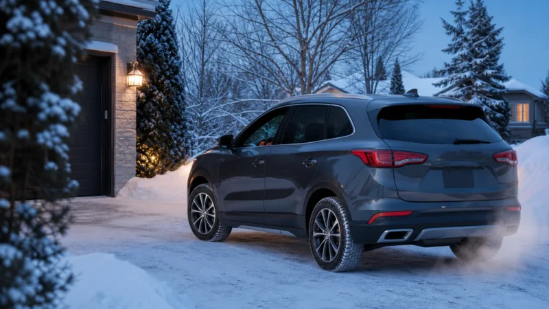 How Long Should You Warm Up a Car in Winter in Canada? 13 A snow-cleared car idling briefly in a Canadian driveway before winter driving.