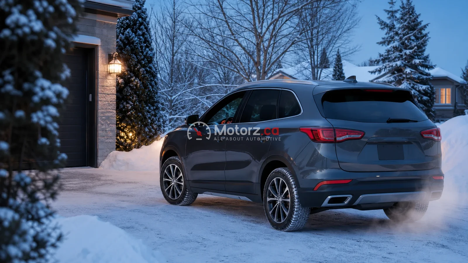 How Long Should You Warm Up a Car in Winter in Canada? 3 A snow-cleared car idling briefly in a Canadian driveway before winter driving.