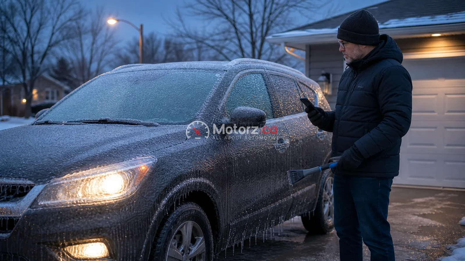 Frozen Car in Canada? Five Mistakes to Avoid Before Driving 1 An ice-covered car with a driver pausing to assess it before a Canadian winter trip.