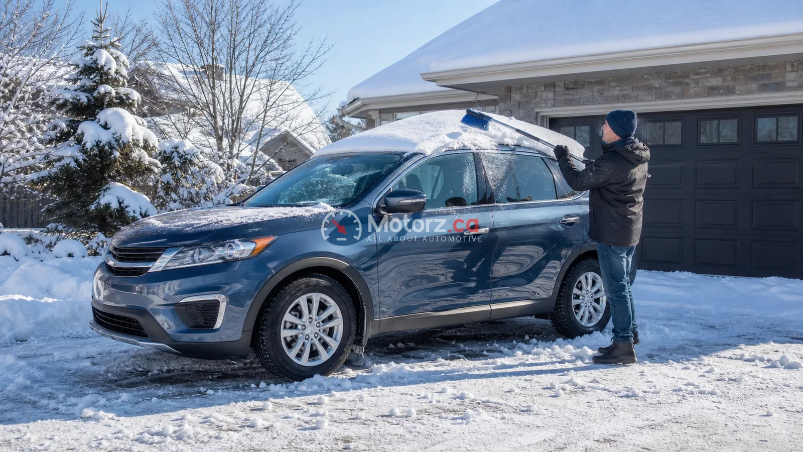 How to Clear Snow and Ice From Your Car Before Driving 1 A driver clearing snow from the roof and windows of a parked car before a Canadian winter trip.