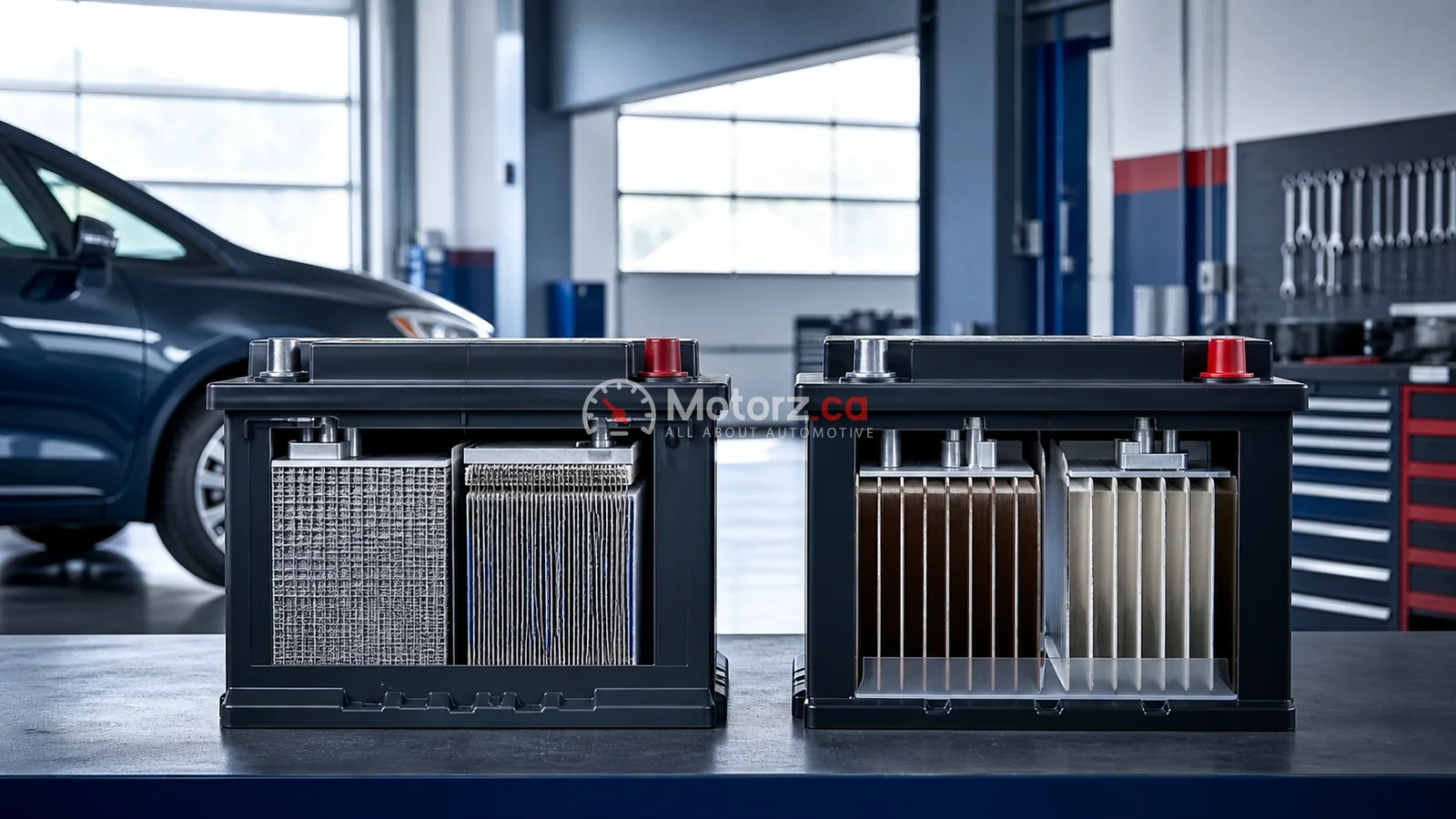 AGM vs Flooded Car Batteries: Is AGM Worth It? 1 Conceptual comparison of AGM and flooded automotive batteries in a service bay