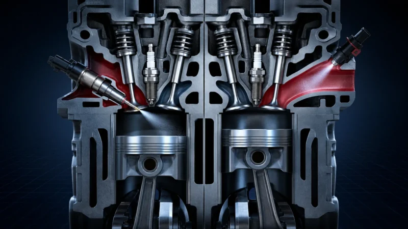 Conceptual comparison of gasoline direct injection and port fuel injection.