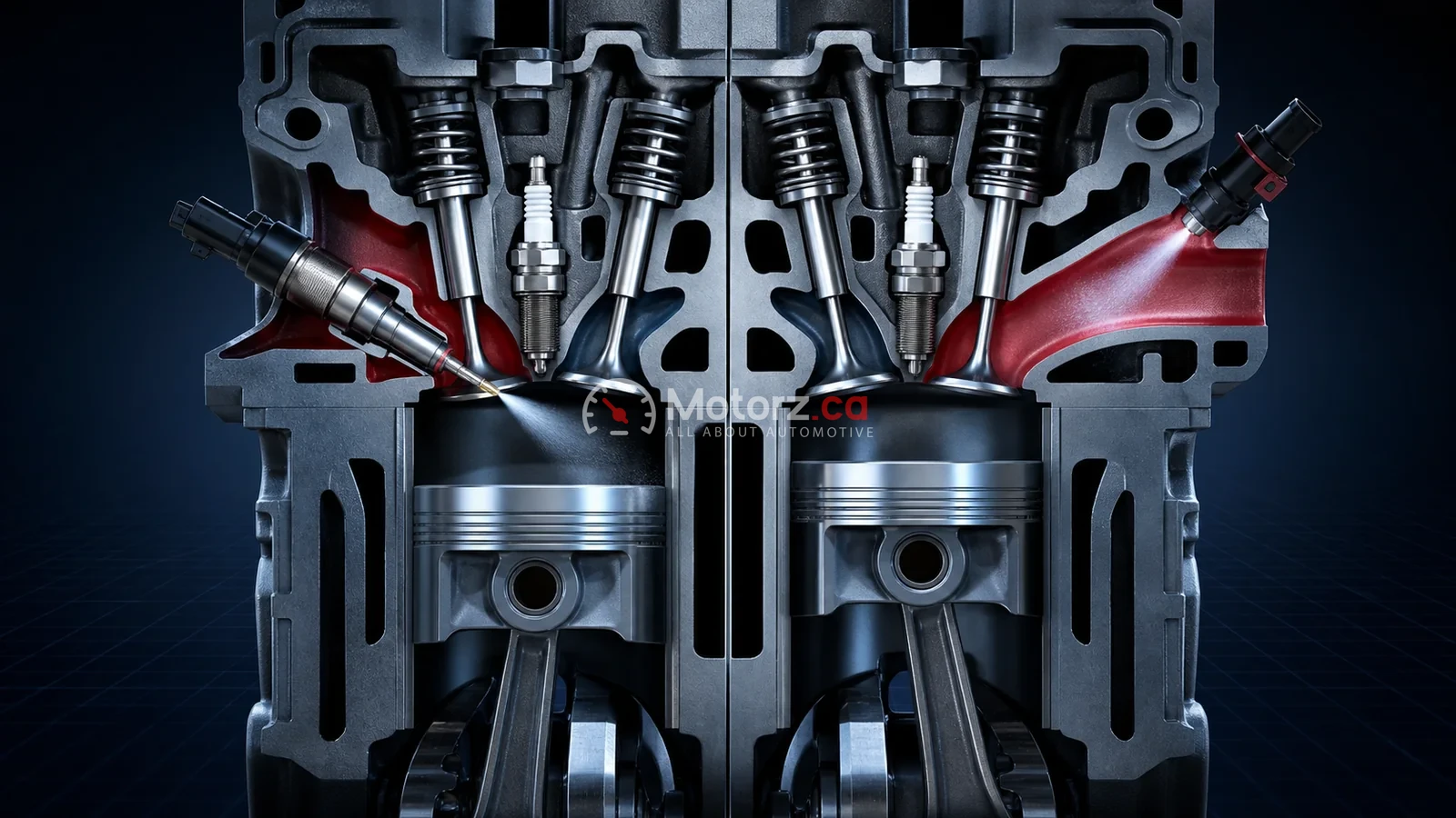 Conceptual comparison of gasoline direct injection and port fuel injection.