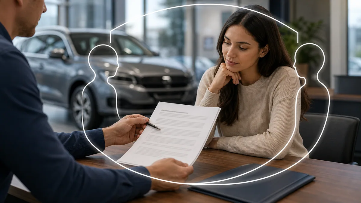 What OMVIC Protections Apply to Ontario Used-Car Buyers? 1 Consumer reviewing a generic dealership contract with a neutral protection outline.