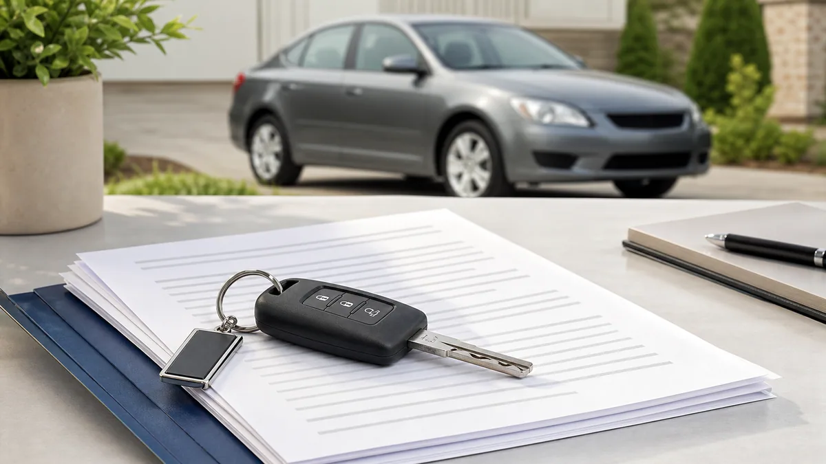 Vehicle key on blank document pages with a used car in the background