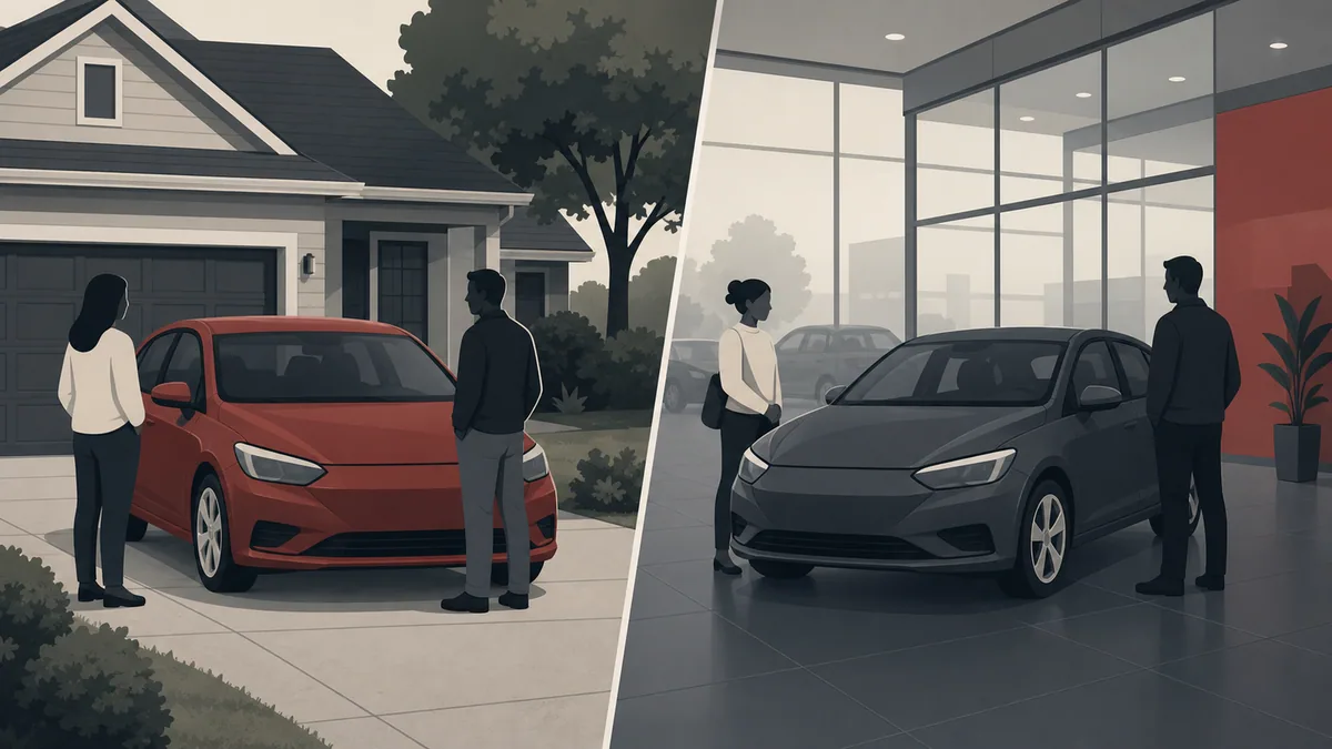 Private Seller or Registered Dealer: Buying Used in Ontario 1 Illustrated comparison of a private driveway vehicle sale and a dealership showroom.