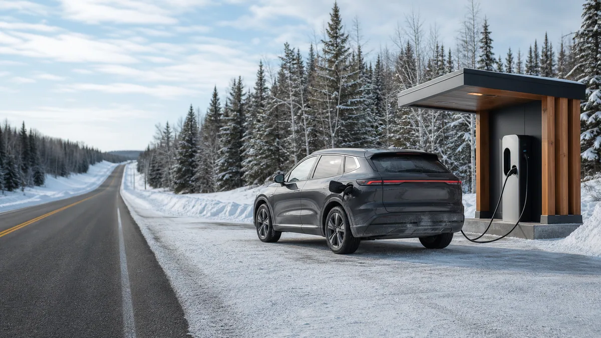Electric crossover at a generic snowy northern roadside charging stop