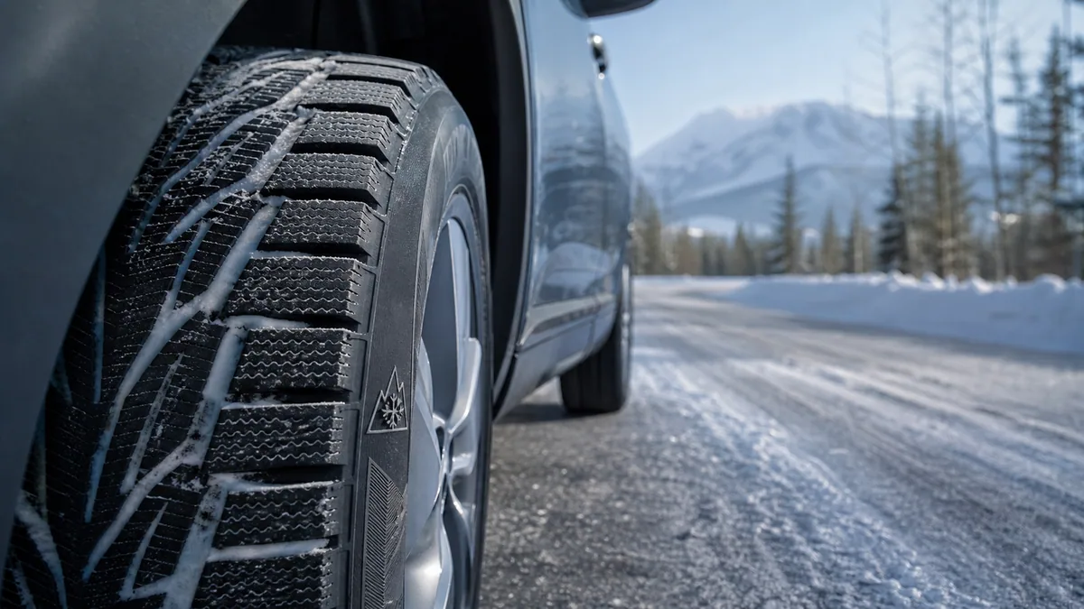 Winter-tire tread beside a snow-covered roadway