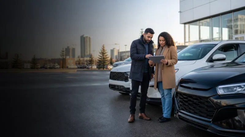Buying a Car in Canada: A Practical Decision Hub 1 Conceptual image of Canadian car shoppers comparing vehicles with a tablet