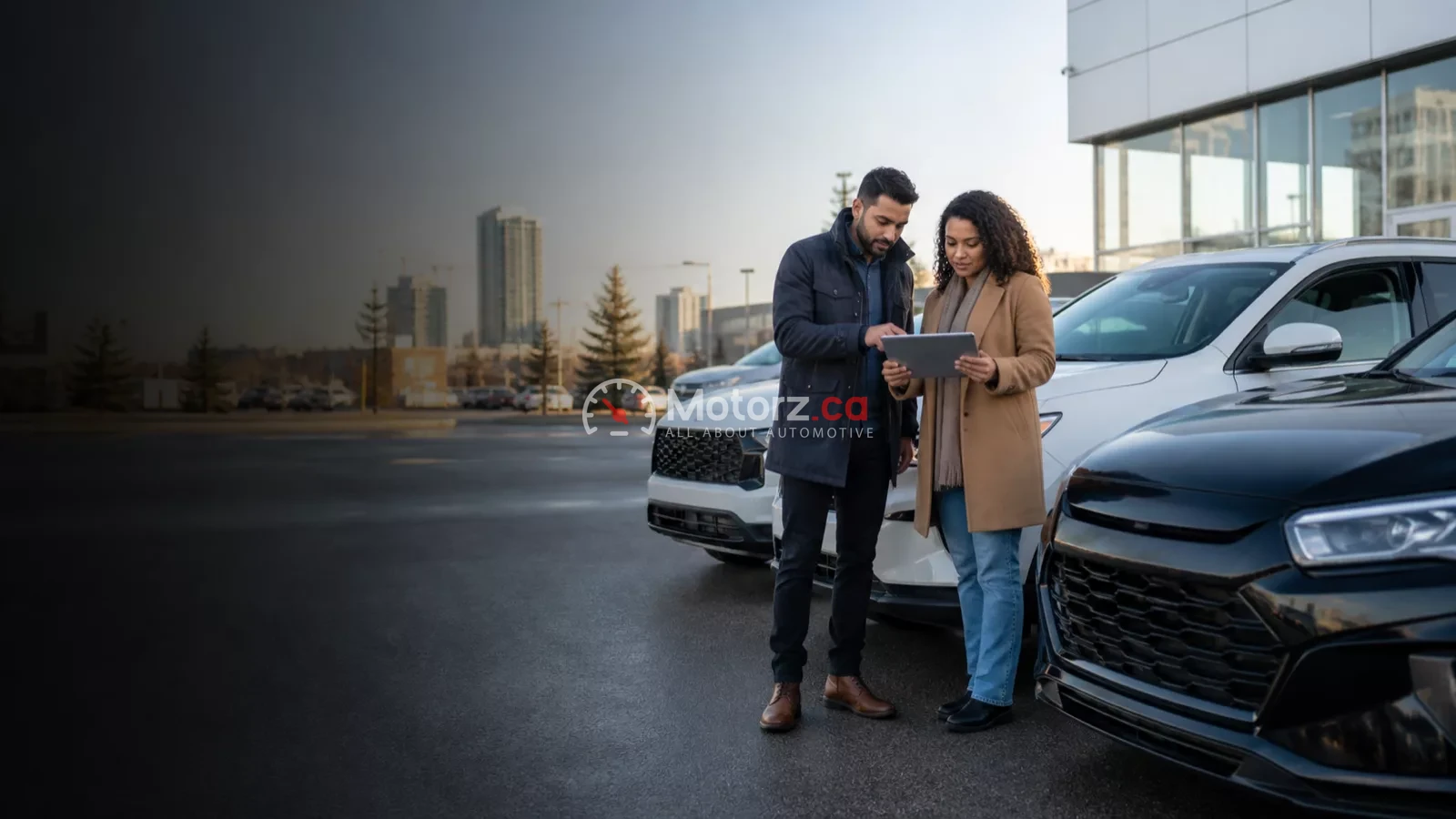 Conceptual image of Canadian car shoppers comparing vehicles with a tablet