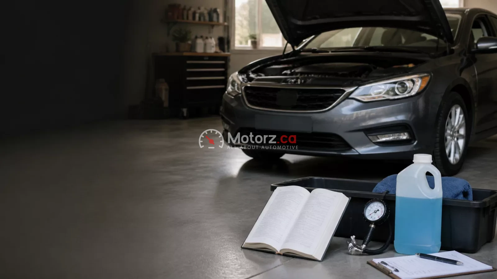Car Maintenance in Canada: A Driver’s Resource Hub 1 Conceptual image of a car with basic maintenance items arranged in a clean garage