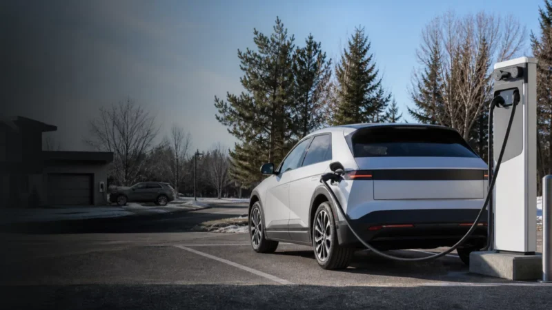 Conceptual image of an electric crossover charging in a Canadian setting