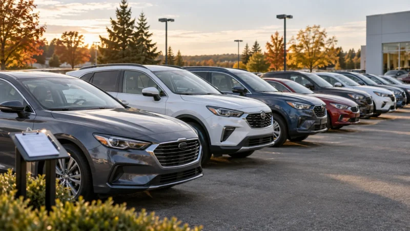 Unbranded used cars and compact SUVs displayed at a Canadian pre-owned vehicle lot