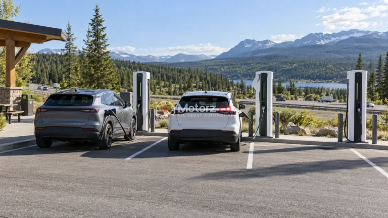 Canadian Automotive Data & Research 10 Two unbranded electric crossovers charging at a Canadian highway rest stop