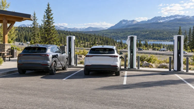 Where Canada’s highway EV charging coverage has the thinnest redundancy 13 Two unbranded electric crossovers charging at a Canadian highway rest stop