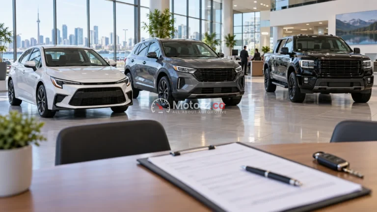 Canadian Automotive Data & Research 5 Unbranded new cars, crossover and pickup displayed in a modern Canadian showroom