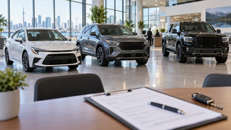 Unbranded new cars, crossover and pickup displayed in a modern Canadian showroom