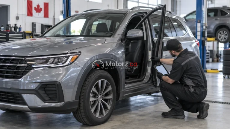 Canadian Automotive Data & Research 17 Technician checking an unbranded crossover during a conceptual vehicle recall inspection