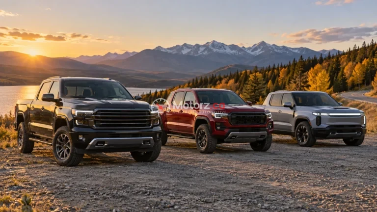Canadian Automotive Data & Research 7 Three unbranded pickup trucks representing different Canadian market segments in a mountain setting