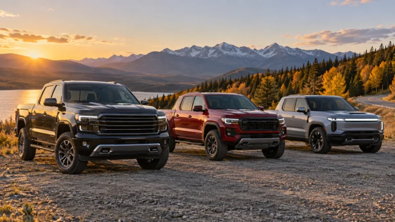 Three unbranded pickup trucks representing different Canadian market segments in a mountain setting