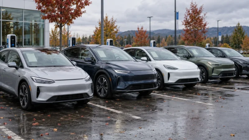 What used EVs cost in Canada in 2026: a 25-listing price sample 11 Unbranded used electric cars and crossovers displayed at a Canadian vehicle lot